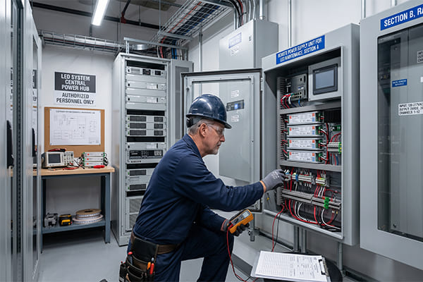 An engineer accessing a remote power supply unit in a maintenance room